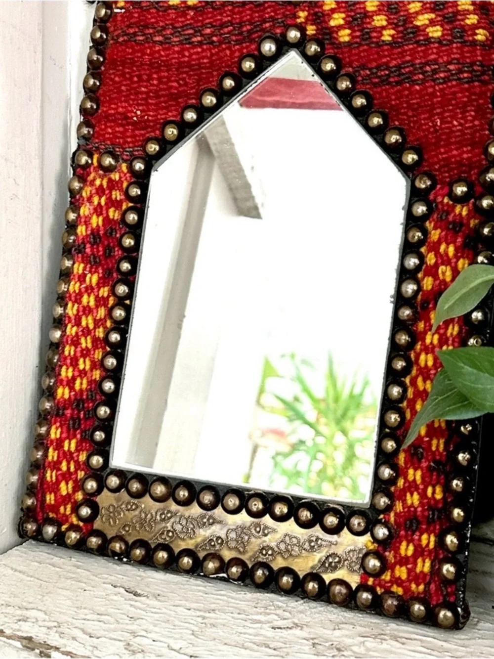 Egyptian Kilim Rug Mirror Studs Vibrant Colors With Carved Metal Red And Gold